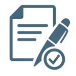 Ein leuchtend blaues Symbol zeigt ein Blatt Papier mit horizontalen Linien, einem großen Stift diagonal darüber und einem Kreis mit einem Häkchen, alles vor einem dunklen Hintergrund, was auf die Genehmigung oder Fertigstellung des Dokuments hinweist.