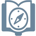 Eine blaue, stilisierte Grafik eines offenen Buches mit einem Kompasssymbol in der Mitte symbolisiert Orientierung und Navigation beim Lernen. Das Bild hat eine metallische Textur und einen dezenten Farbverlauf im Hintergrund.