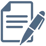 Ein leuchtendes, blau getöntes Symbol zeigt ein Dokument mit drei horizontalen Linien, die Text ähneln, und einem Stift, der die untere rechte Ecke des Papiers überlappt, auf dunklem Hintergrund. Das gesamte Bild hat einen sanften, leuchtenden Leuchteffekt.