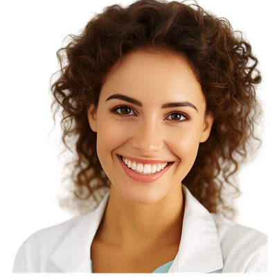 Eine junge Frau mit lockigem braunem Haar und gebräunter Haut lächelt warm in die Kamera. Sie trägt einen weißen Laborkittel über einem hellblauen Oberteil, was auf einen medizinischen oder wissenschaftlichen Beruf hindeutet. Der Hintergrund ist sanft unscharf und in neutralen Tönen gehalten.