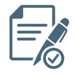 Ein leuchtend blaues Symbol zeigt ein Blatt Papier mit horizontalen Linien, einem großen Stift diagonal darüber und einem Kreis mit einem Häkchen, alles vor einem dunklen Hintergrund, was auf die Genehmigung oder Fertigstellung des Dokuments hinweist.