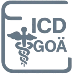Ein graues Symbol mit einem Buchumriss, einem medizinischen Caduceus-Symbol und dem Text „ICD GOÄ“ in fetten Großbuchstaben, alles auf einem hellen Farbverlaufshintergrund.