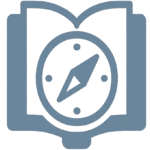 Eine blaue, stilisierte Grafik eines offenen Buches mit einem Kompasssymbol in der Mitte symbolisiert Orientierung und Navigation beim Lernen. Das Bild hat eine metallische Textur und einen dezenten Farbverlauf im Hintergrund.